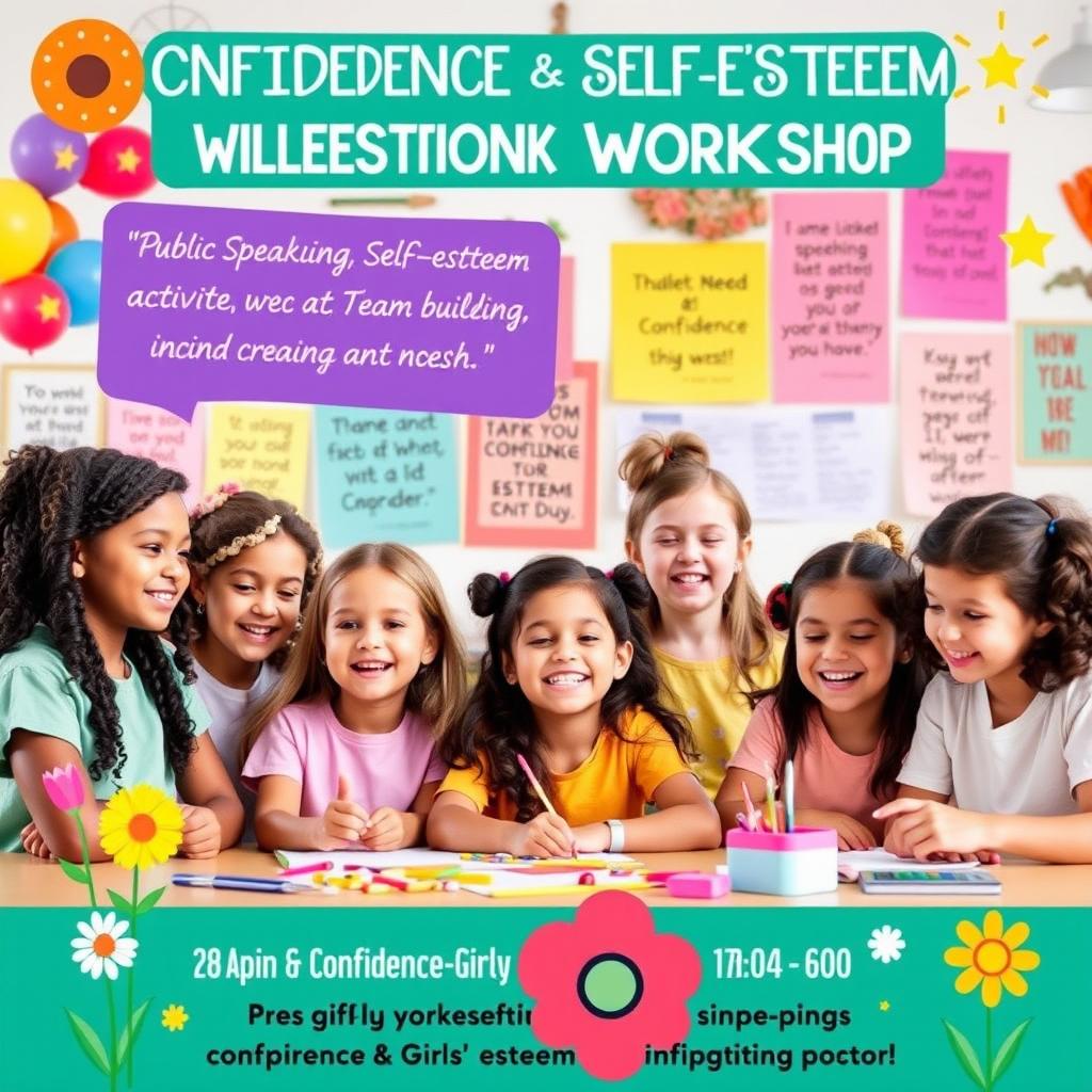 A vibrant and inviting advertisement for a confidence and self-esteem workshop specifically designed for girls