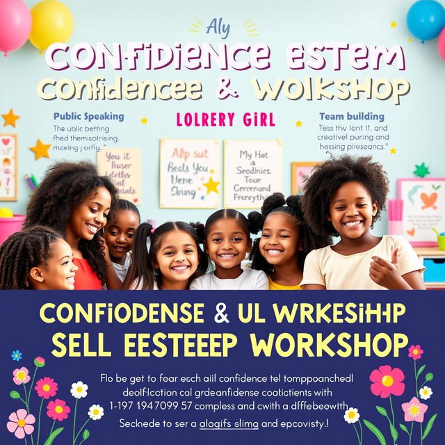 A vibrant and inviting advertisement for a confidence and self-esteem workshop specifically designed for girls