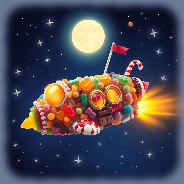 A whimsical and colorful spaceship made entirely of various types of candy, including gummy bears, licorice, lollipops, and chocolate, soaring through a bright, starry night sky