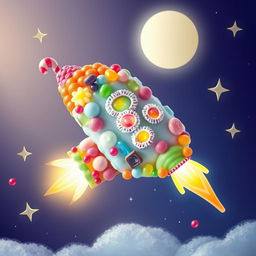 A whimsical and colorful spaceship made entirely of various types of candy, including gummy bears, licorice, lollipops, and chocolate, soaring through a bright, starry night sky