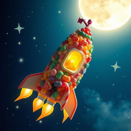 A whimsical and colorful spaceship made entirely of various types of candy, including gummy bears, licorice, lollipops, and chocolate, soaring through a bright, starry night sky