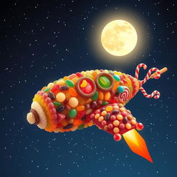 A whimsical and colorful spaceship made entirely of various types of candy, including gummy bears, licorice, lollipops, and chocolate, soaring through a bright, starry night sky