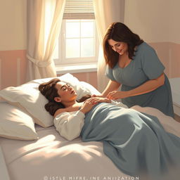 An artistic representation of a tranquil and serene birth scene set in a cozy, softly lit room