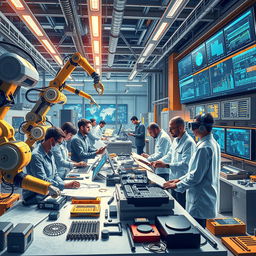 An intricate and modern depiction showcasing the use of artificial intelligence in engineering activities