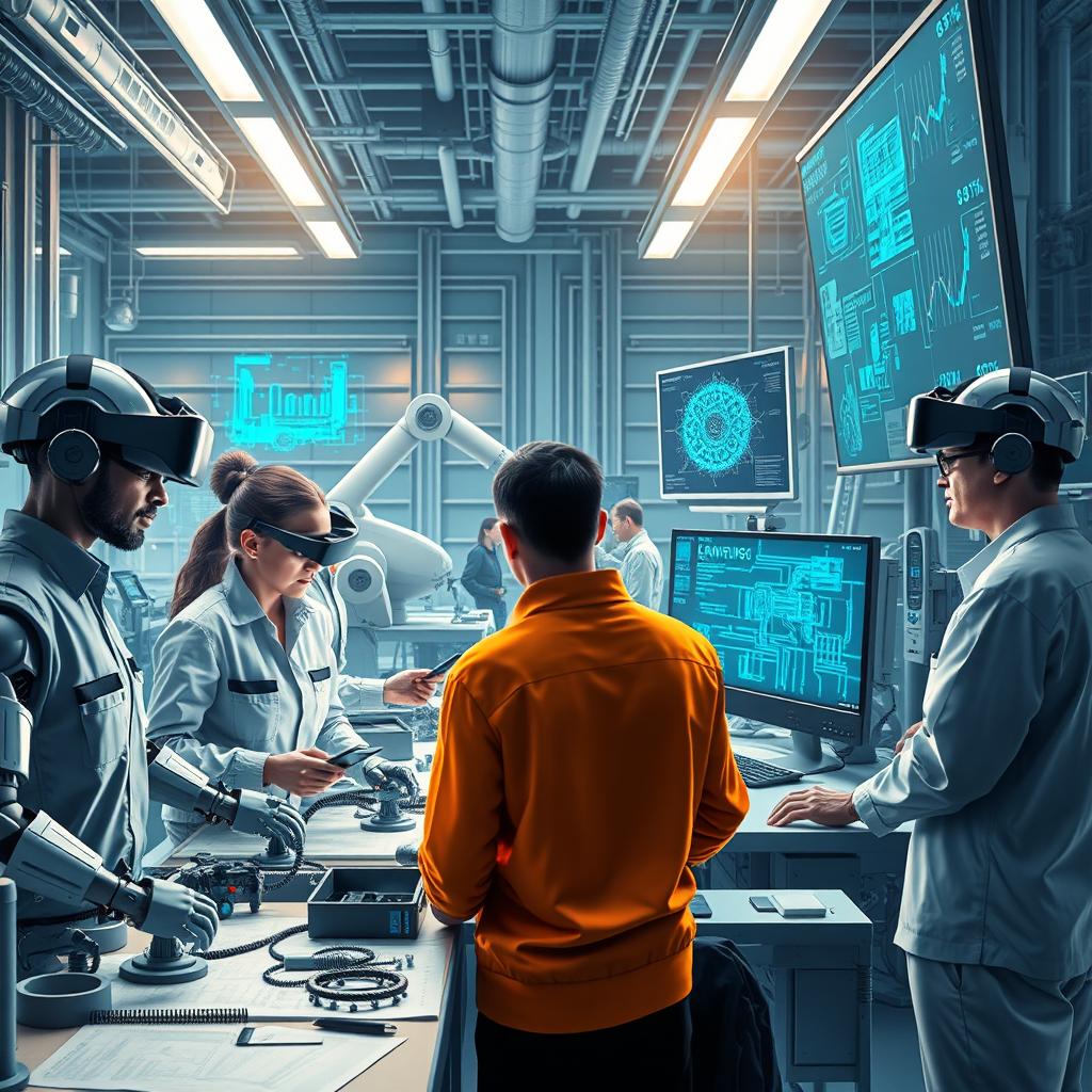 An intricate and modern depiction showcasing the use of artificial intelligence in engineering activities