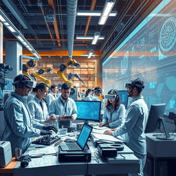 An intricate and modern depiction showcasing the use of artificial intelligence in engineering activities