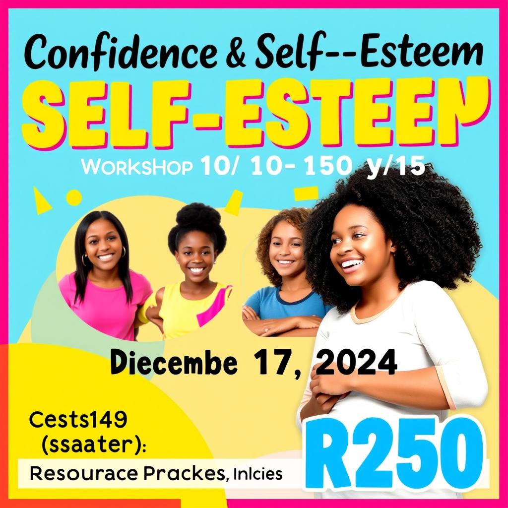 A colorful and engaging advertisement for a confidence and self-esteem workshop specifically designed for girls aged 10 to 15 years