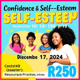 A colorful and engaging advertisement for a confidence and self-esteem workshop specifically designed for girls aged 10 to 15 years