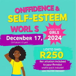 A colorful and engaging advertisement for a confidence and self-esteem workshop specifically designed for girls aged 10 to 15 years