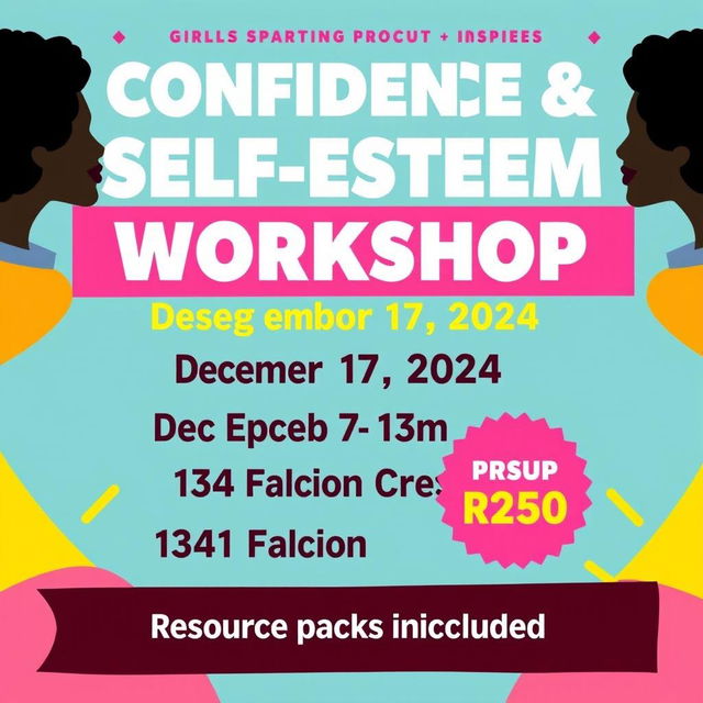 A colorful and engaging advertisement for a confidence and self-esteem workshop specifically designed for girls aged 10 to 15 years