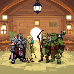 A pixel art 2D scene depicting a charming tavern location, featuring a cozy, rustic interior with wooden beams, tables, and a warm ambiance