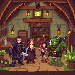 A pixel art 2D scene depicting a charming tavern location, featuring a cozy, rustic interior with wooden beams, tables, and a warm ambiance