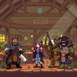 A pixel art 2D scene depicting a charming tavern location, featuring a cozy, rustic interior with wooden beams, tables, and a warm ambiance