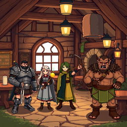 A pixel art 2D scene depicting a charming tavern location, featuring a cozy, rustic interior with wooden beams, tables, and a warm ambiance