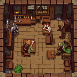 A pixel art 2D top view scene depicting a cozy tavern location, showcasing a rustic interior