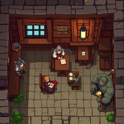 A pixel art 2D top view scene depicting a cozy tavern location, showcasing a rustic interior