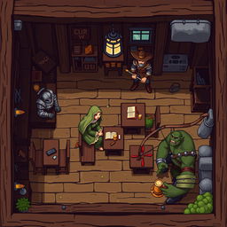 A pixel art 2D top view scene depicting a cozy tavern location, showcasing a rustic interior