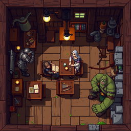 A pixel art 2D top view scene depicting a cozy tavern location, showcasing a rustic interior