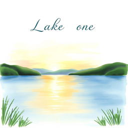 A serene lakeside scene created in a watercolor painting style, showcasing a calm lake surrounded by lush greenery and gentle rolling hills in the background