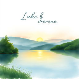 A serene lakeside scene created in a watercolor painting style, showcasing a calm lake surrounded by lush greenery and gentle rolling hills in the background