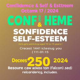 A vibrant and inspiring advertisement for a confidence and self-esteem workshop tailored for girls aged 10 to 15 years