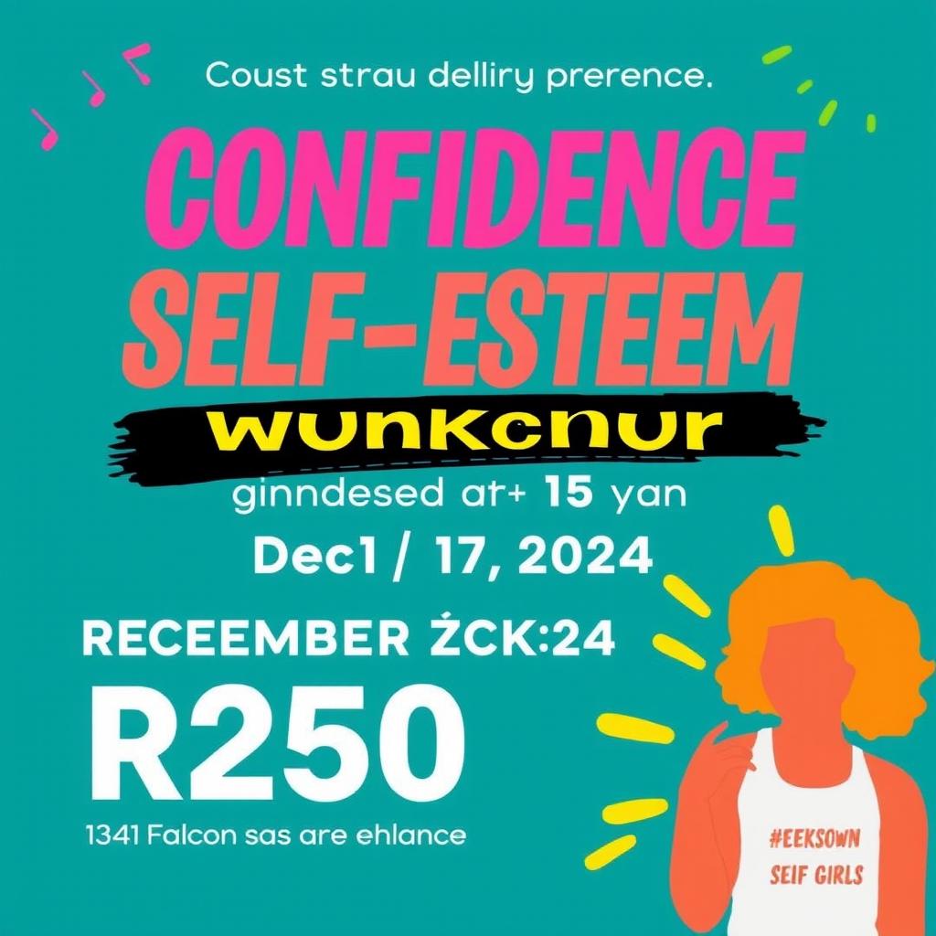 A vibrant and inspiring advertisement for a confidence and self-esteem workshop tailored for girls aged 10 to 15 years