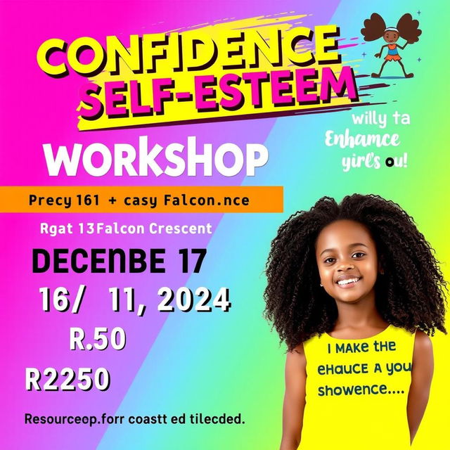 A vibrant and inspiring advertisement for a confidence and self-esteem workshop tailored for girls aged 10 to 15 years