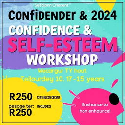 A vibrant and inspiring advertisement for a confidence and self-esteem workshop tailored for girls aged 10 to 15 years