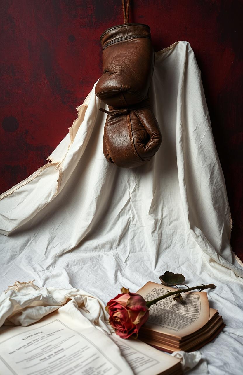 A dramatic still life composition featuring a torn sheet artistically draped in the foreground, set against a background with a reddish-black spray paint texture