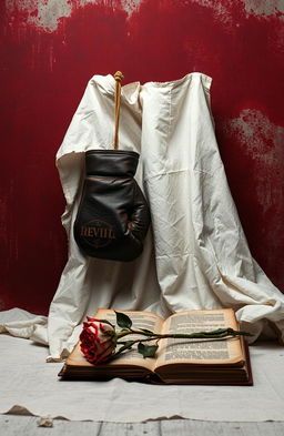 A dramatic still life composition featuring a torn sheet artistically draped in the foreground, set against a background with a reddish-black spray paint texture