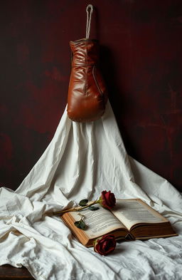 A dramatic still life composition featuring a torn sheet artistically draped in the foreground, set against a background with a reddish-black spray paint texture