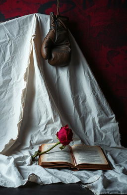 A dramatic still life composition featuring a torn sheet artistically draped in the foreground, set against a background with a reddish-black spray paint texture