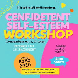 An eye-catching advertisement for a confidence and self-esteem workshop aimed at girls aged 10 to 15 years