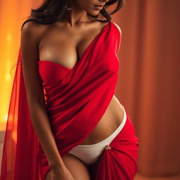 A seductive Indian woman wearing a stunning red saree that elegantly drapes over her body, bending slightly to showcase her beautiful cleavage