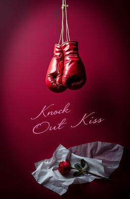A beautiful and artistic composition featuring two boxing gloves hanging down from above, elegantly suspended as if in a dreamlike state