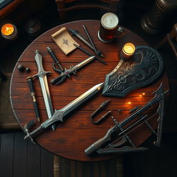 A beautifully detailed top view of a wooden table in a cozy tavern, adorned with an array of fantasy-themed weapons