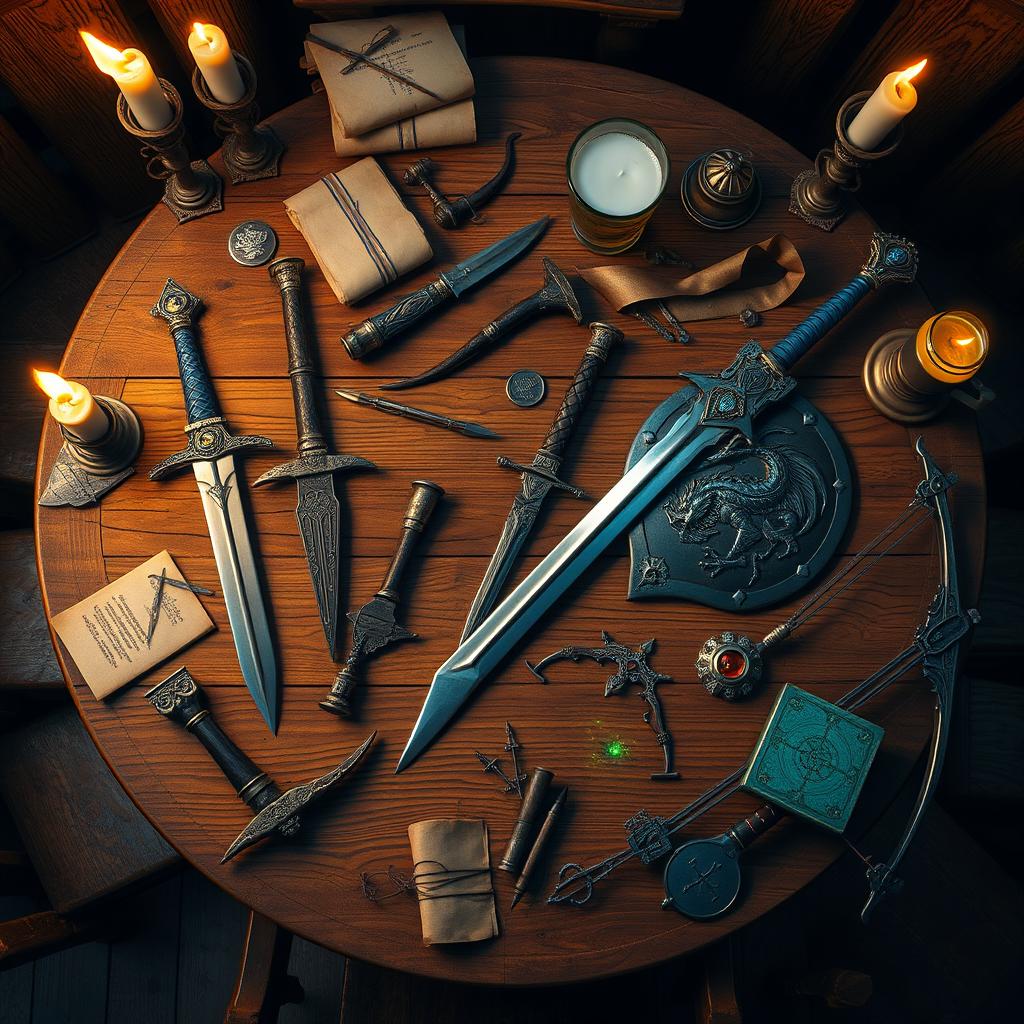 A beautifully detailed top view of a wooden table in a cozy tavern, adorned with an array of fantasy-themed weapons