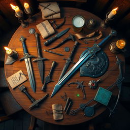 A beautifully detailed top view of a wooden table in a cozy tavern, adorned with an array of fantasy-themed weapons