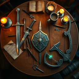 A beautifully detailed top view of a wooden table in a cozy tavern, adorned with an array of fantasy-themed weapons