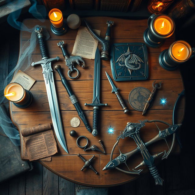 A beautifully detailed top view of a wooden table in a cozy tavern, adorned with an array of fantasy-themed weapons