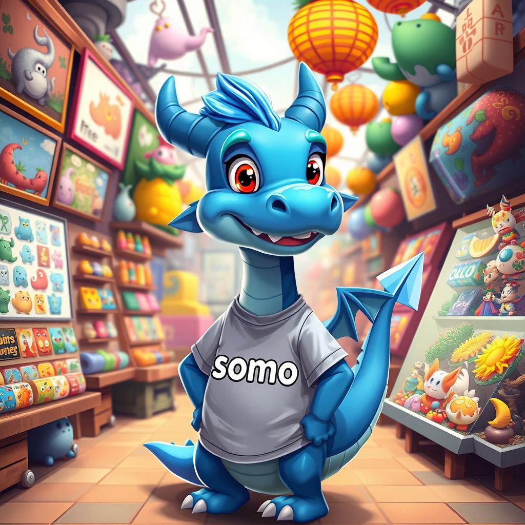 A blue dragon character inspired by animated styles, resembling Sullivan, standing in a vibrant marketplace filled with various NFTs