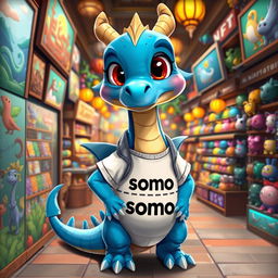 A blue dragon character inspired by animated styles, resembling Sullivan, standing in a vibrant marketplace filled with various NFTs