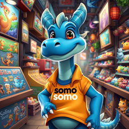 A blue dragon character inspired by animated styles, resembling Sullivan, standing in a vibrant marketplace filled with various NFTs