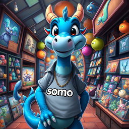 A blue dragon character inspired by animated styles, resembling Sullivan, standing in a vibrant marketplace filled with various NFTs