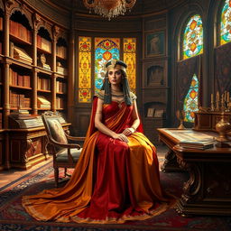 A majestic portrait of Cleopatra, the timeless queen, seated in a lavish study adorned with opulent furnishings and regal decor