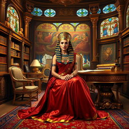 A majestic portrait of Cleopatra, the timeless queen, seated in a lavish study adorned with opulent furnishings and regal decor