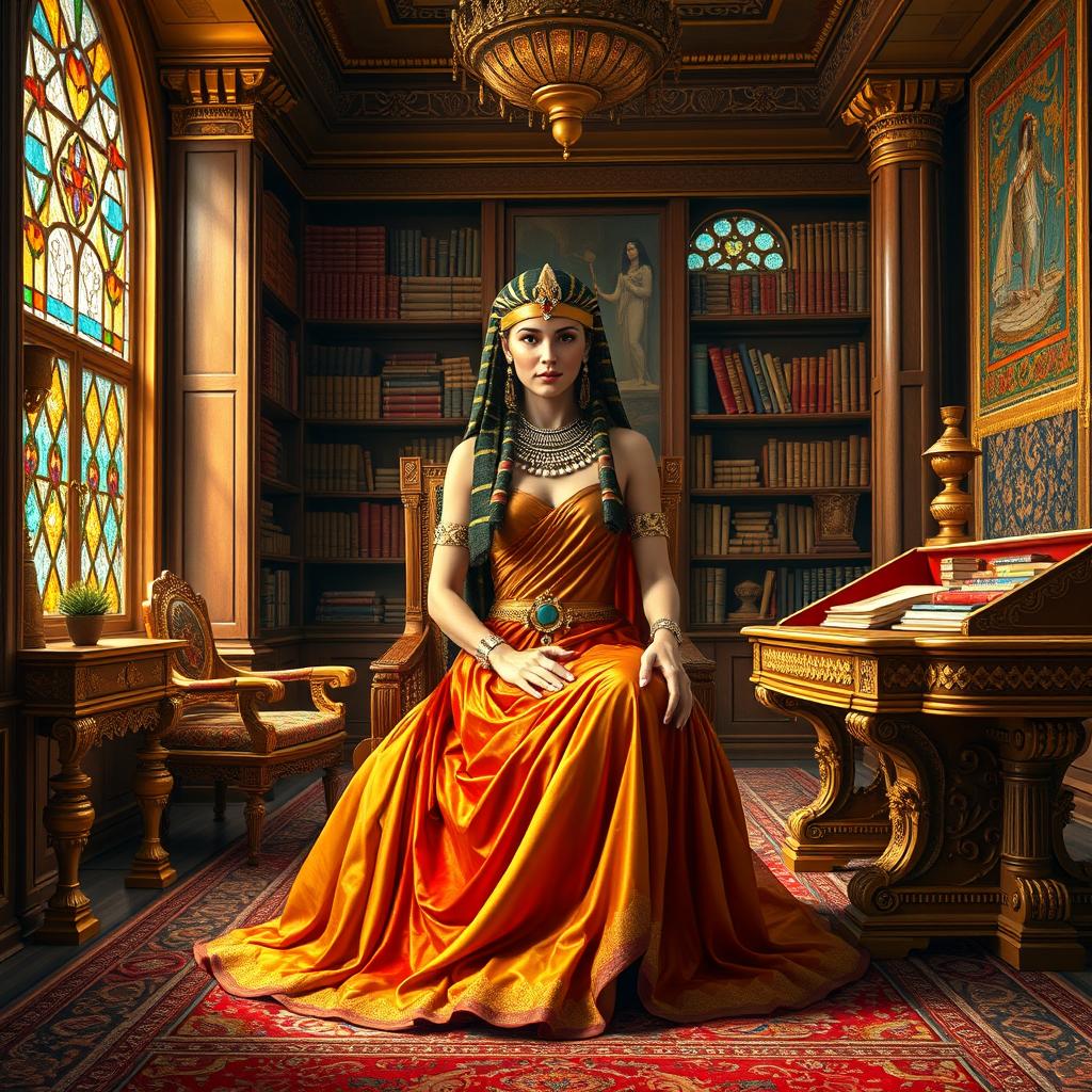 A majestic portrait of Cleopatra, the timeless queen, seated in a lavish study adorned with opulent furnishings and regal decor