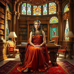 A majestic portrait of Cleopatra, the timeless queen, seated in a lavish study adorned with opulent furnishings and regal decor
