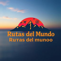 A captivating logo design for 'Rutas del Mundo' that incorporates elements of mountains, sunsets over the sea, and travel-related motifs