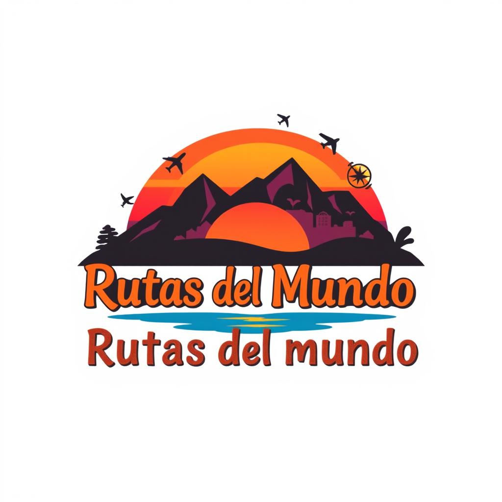 A captivating logo design for 'Rutas del Mundo' that incorporates elements of mountains, sunsets over the sea, and travel-related motifs